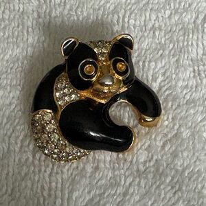 Vintage 1980s-90s Gold Tone Black Enamel Crystal Panda Bear Pin Brooch Unisex
